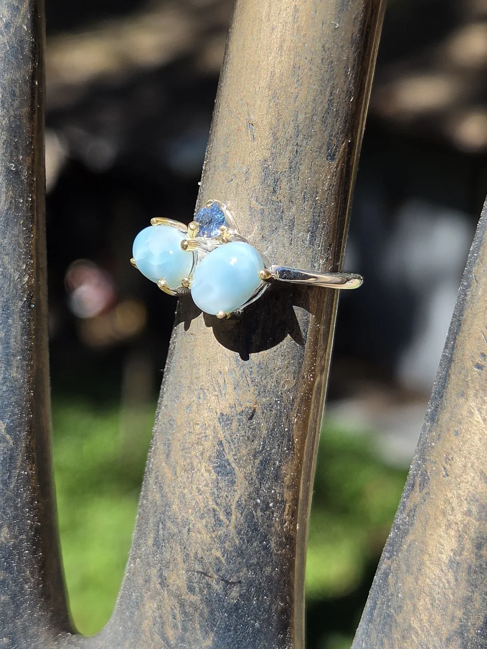 Larimar & Sapphire Sterling & Gold Ring Sz6 - Picture 1 of 8